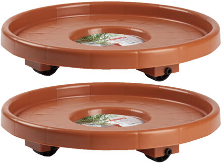 Forte Plastics Set van 2x stuks planten trolley/multiroller rond bruin kunststof 34 cm - Planten onderzetter