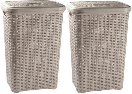 Forte Plastics Set van 2x wasmand rotan met deksel van 60 liter 35 x 43 x 62 cm taupe - Wasmanden Bruin