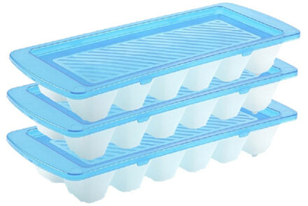 Forte Plastics Set van 3x stuks iJsblokjes/ijsklontjes maken bakjes met afsluit deksel blauw 28 cm - IJsblokjesvormen