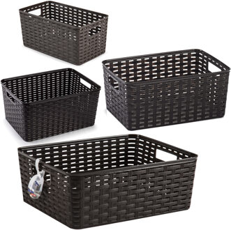 Forte Plastics Set van 4x stuks opbergboxen/opbergmandjes rotan donkerbruin kunststof