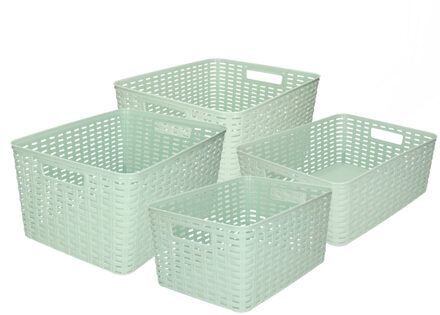 Forte Plastics Set van 4x stuks opbergboxen/opbergmandjes rotan mintgroen kunststof - Opbergbox