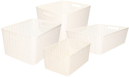 Forte Plastics Set van 4x stuks opbergboxen/opbergmandjes rotan parel wit kunststof