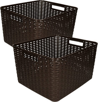 Forte Plastics Set van 5x stuks opbergboxen/opbergmandjes rotan donkerbruin kunststof