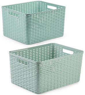 Forte Plastics Set van 5x stuks opbergboxen/opbergmandjes rotan mintgroen kunststof