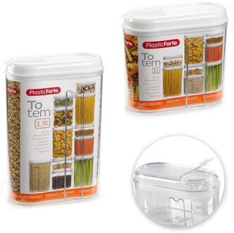 Forte Plastics Set van 7x kunststof keuken voorraadbussen 3x 1,5 liter en 4x 1 liter inhoud - Transparant/wit