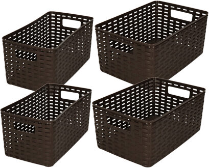 Forte Plastics Set van 8x stuks opbergboxen/opbergmandjes rotan donkerbruin kunststof