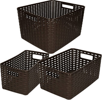 Forte Plastics Set van 8x stuks opbergboxen/opbergmandjes rotan donkerbruin kunststof