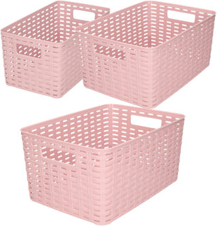 Forte Plastics Set van 8x stuks opbergboxen/opbergmandjes rotan oud roze kunststof