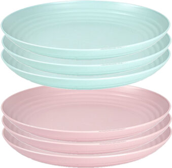 Forte Plastics Setje van 6x stuks ronde kunststof borden groen en roze 25 cm - Campingborden