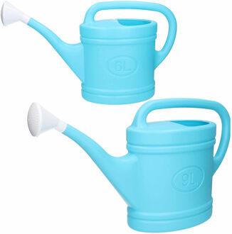 Forte Plastics Tuin water gieters set 2x stuks van 6 en 9 liter inhoud lichtblauw