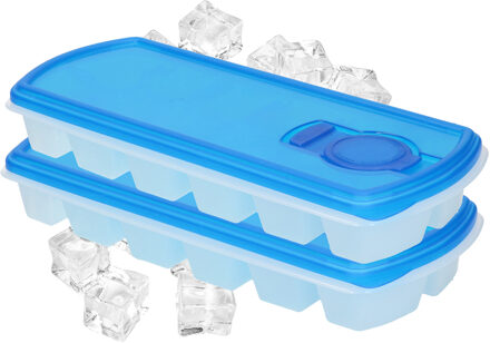 Forte Plastics Voordeelset van 2x stuks iJsblokjes/ijsklontjes maken bakjes met afsluit deksel blauw 26 cm - IJsblokjesvormen