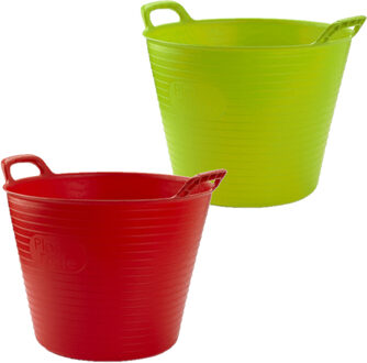 Forte Plastics Voordeelset van 2x stuks kunststof flexibele emmers/wasmanden/kuipen 25 liter in het rood/groen