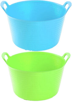 Forte Plastics Voordeelset van 2x stuks kunststof flexibele emmers/wasmanden/kuipen 56 liter in het blauw/groen