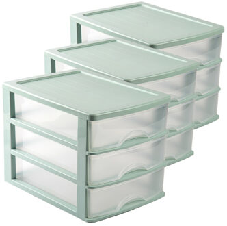 Forte Plastics Voordeelset van 3x stuks kleine organiser ladeblokje 3x lades van kunststof 35 x 27 x 26 cm groen - Ladeblok