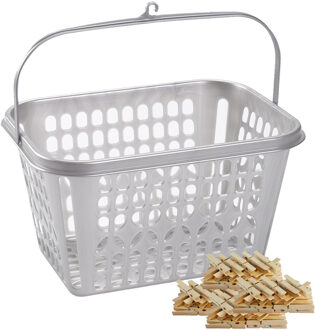 Forte Plastics Wasknijper bewaarmandje/bakje - zilver - incl. 100x wasknijpers - hout
