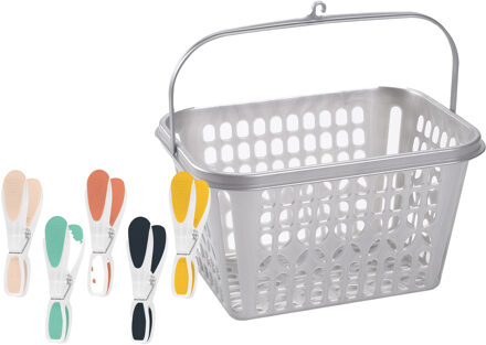 Forte Plastics Wasknijper mandje/bakje - zilver - inclusief 36x wasknijpers - kunststof