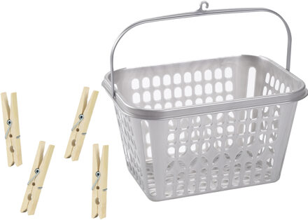 Forte Plastics Wasknijper mandje/bakje - zilver - inclusief 48x wasknijpers - hout