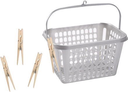 Forte Plastics Wasknijper mandje/bakje - zilver - inclusief 48x wasknijpers - hout