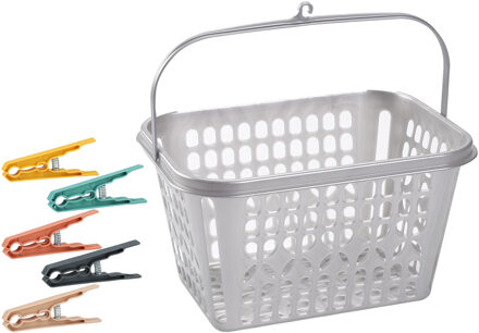 Forte Plastics Wasknijper mandje/bakje - zilver - inclusief 48x wasknijpers - kunststof