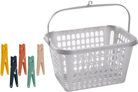 Forte Plastics Wasknijper mandje/bakje - zilver - inclusief 48x wasknijpers - kunststof