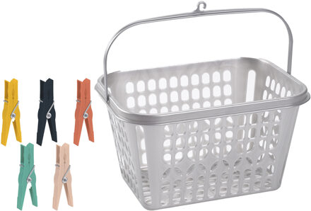 Forte Plastics Wasknijper mandje/bakje - zilver - inclusief 52x wasknijpers - kunststof