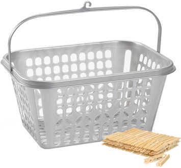 Forte Plastics Wasknijpers verzamel mandje met haak - 60x stuks houten knijpers - 7 cm