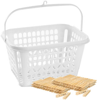 Forte Plastics Wasknijpers verzamel mandje met haak en 120x stuks houten knijpers 7 cm