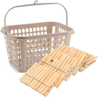 Forte Plastics Wasknijpers verzamel mandje met haak en 150x stuks houten knijpers 7.5 cm