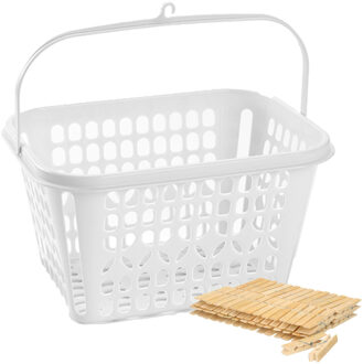 Forte Plastics Wasknijpers verzamel mandje met haak en 60x stuks houten knijpers 7 cm