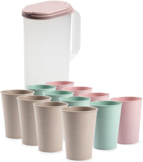 Forte Plastics Water/limonade schenkkan 2 liter met 12x kunststof glazen voordeelset - Schenkkannen Roze