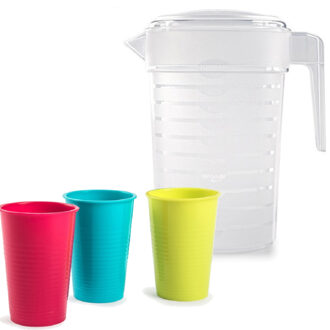 Forte Plastics Water/limonade schenkkan 2 liter met 12x kunststof glazen voordeelset