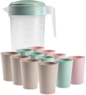 Forte Plastics Water/limonade schenkkan 2 liter met 12x kunststof glazen voordeelset