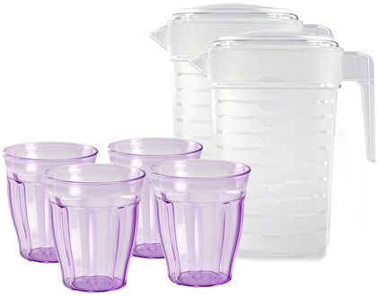 Forte Plastics Water/limonade schenkkannen 2x stuks van 2 liter met 12x kunststof glazen voordeelset