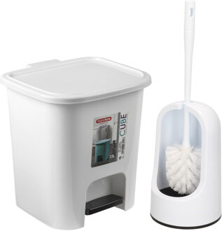 Forte Plastics WC-/toiletborstel en houder - wit - met kleine pedaalemmer 7.5 liter - Badkameraccessoireset