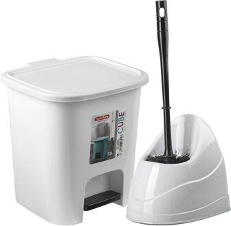 Forte Plastics WC-/toiletborstel en houder - wit - met kleine pedaalemmer 7.5 liter