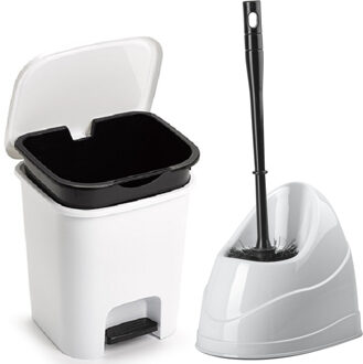 Forte Plastics WC-/toiletborstel en houder - wit - met kleine pedaalemmer 7.5 liter