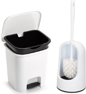 Forte Plastics WC-/toiletborstel en houder - wit - met kleine pedaalemmer 7.5 liter