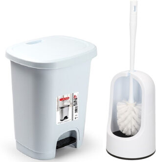 Forte Plastics WC-/toiletborstel en houder - wit - met kleine pedaalemmer 8 liter