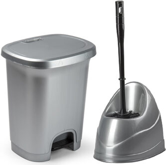 Forte Plastics WC-/toiletborstel en houder - zilver - met kleine pedaalemmer 8 liter