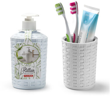 Forte Plastics Zeep pompje/dispenser en tandenborstel/tandpasta houder set wit - Zeeppompjes/zeepdispensers - Badkameraccessoires