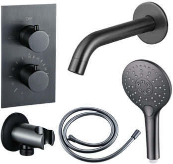 FortiFura Calvi Badkraan set - uitloop - 22cm inkortbaar - gladde slang - ronde handdouche - inbouwdeel - wandhouder - geborsteld gunmetal PVD SW721165/SW766536/SW799451/SW1122514/SW1159495 Gunmetal geborsteld (antraciet)