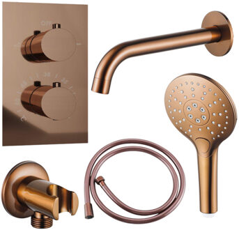 FortiFura Calvi Badkraan set - uitloop - 22cm inkortbaar - gladde slang - ronde handdouche - inbouwdeel - wandhouder - geborsteld koper PVD SW799407/SW970045/SW970047/SW1122515/SW1159496 Koper geborsteld