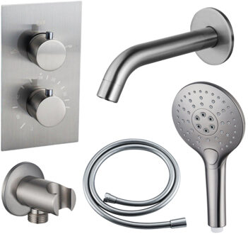 FortiFura Calvi Badkraan set - uitloop - 22cm inkortbaar - gladde slang - ronde handdouche - inbouwdeel - wandhouder - geborsteld RVS PVD SW542645/SW728177/SW1159493/SW1122512/SW799447 RVS geborsteld