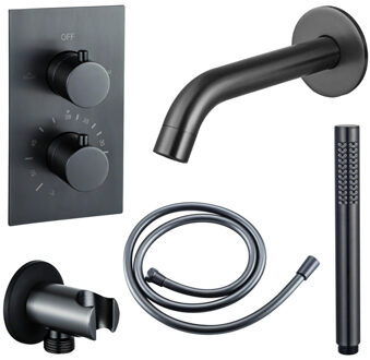 FortiFura Calvi Badkraan set - uitloop - 22cm inkortbaar - gladde slang - staafhanddouche - inbouwdeel - wandhouder - geborsteld gunmetal PVD SW766536/SW721165/SW721170/SW1122514/SW766537 Gunmetal geborsteld (antraciet)