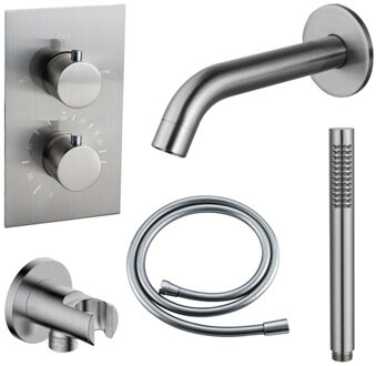 FortiFura Calvi Badkraan set - uitloop - 22cm inkortbaar - gladde slang - staafhanddouche - inbouwdeel - wandhouder - geborsteld RVS PVD SW542645/SW728177/SW1159493/SW1122512/SW496812/SW1 RVS geborsteld