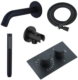 FortiFura Calvi Badkraan set - uitloop - 22cm inkortbaar - gladde slang - staafhanddouche - inbouwdeel - wandhouder - mat zwart SW542644/SW706210/SW721167/SW1122511/SW496811 Zwart mat