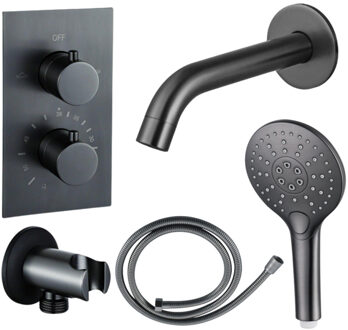 FortiFura Calvi Badkraan set - uitloop - 22cm inkortbaar - metalen slang - ronde handdouche - inbouwdeel - wandhouder - geborsteld gunmetal PVD SW766536/SW706207/SW721170/SW1122514/SW799451 Gunmetal geborsteld (antraciet)