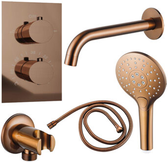 FortiFura Calvi Badkraan set - uitloop - 22cm inkortbaar - metalen slang - ronde handdouche - inbouwdeel - wandhouder - geborsteld koper PVD SW970045/SW970048/SW970047/SW1122515/SW970046 Koper geborsteld