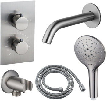 FortiFura Calvi Badkraan set - uitloop - 22cm inkortbaar - metalen slang - ronde handdouche - inbouwdeel - wandhouder - geborsteld RVS PVD SW542645/SW706208/SW1159493/SW1122512/SW799447 RVS geborsteld