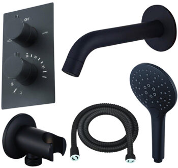 FortiFura Calvi Badkraan set - uitloop - 22cm inkortbaar - metalen slang - ronde handdouche - inbouwdeel - wandhouder - mat zwart SW542644/SW706203/SW721167/SW1122511/SW496816 Zwart mat